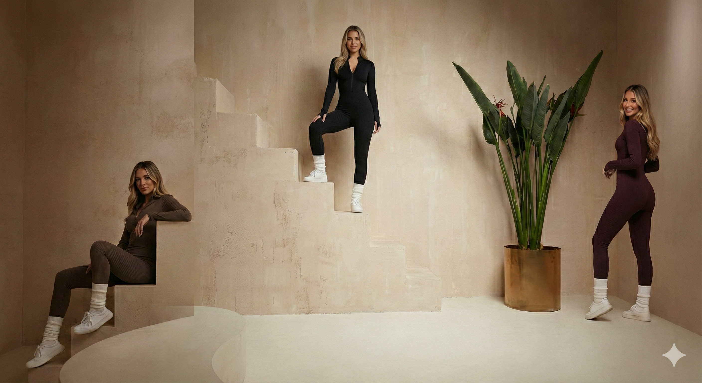 Three women in matching outfits standing on a staircase with a plant in the foreground.