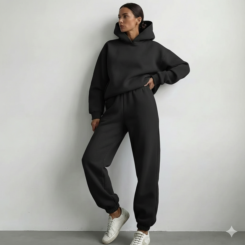 Person wearing a black hoodie and pants with white sneakers against a plain background